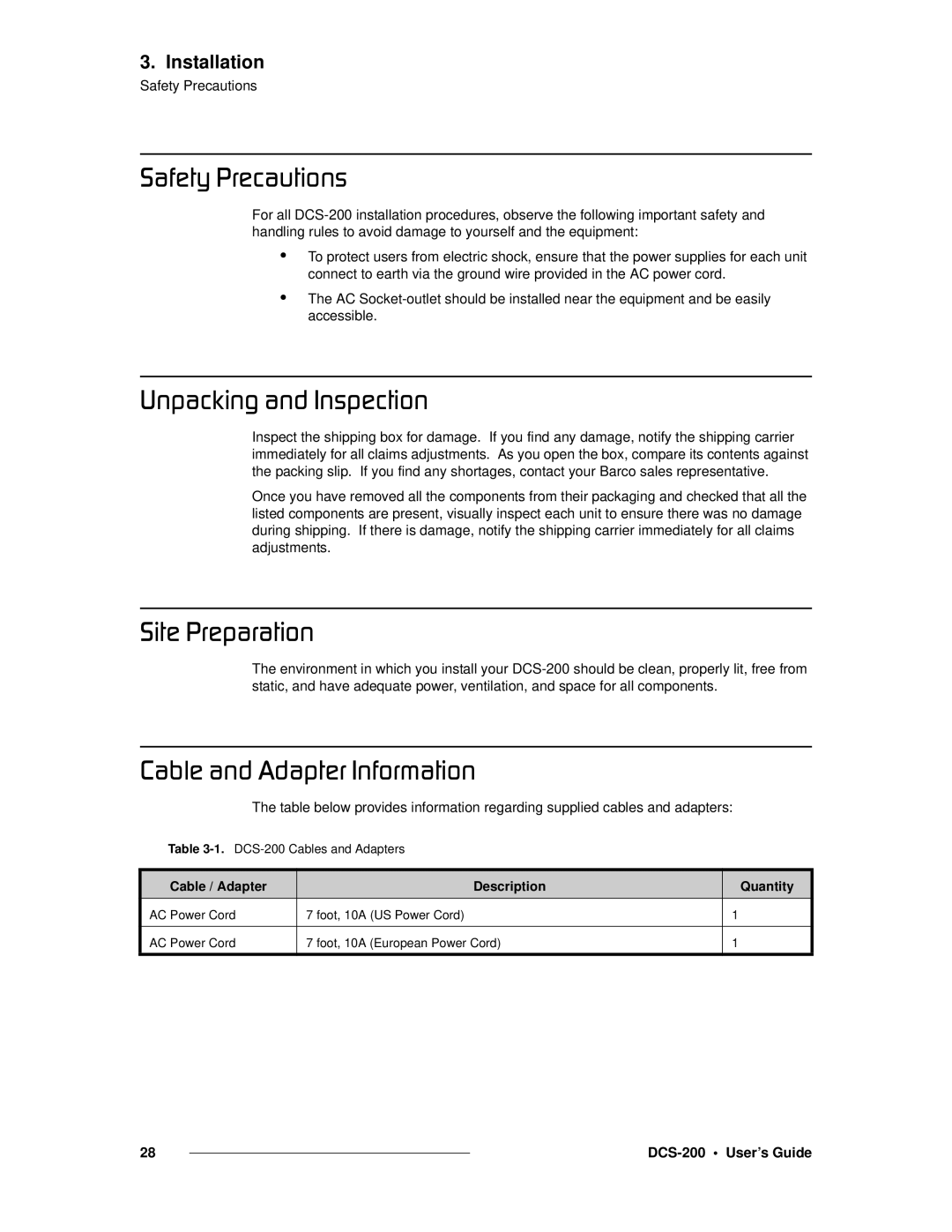 Barco DCS-200 manual ~ÑÉíó=mêÉÅ~ìíáçåë=, Råé~ÅâáåÖ=~åÇ=fåëéÉÅíáçå=, PáíÉ=mêÉé~ê~íáçå=, `~ÄäÉ=~åÇ=Ç~éíÉê=fåÑçêã~íáçå 