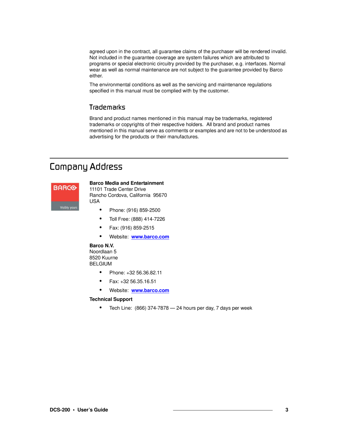 Barco DCS-200 manual `çãé~åó=ÇÇêÉëë, Barco Media and Entertainment, Barco N.V, Technical Support 