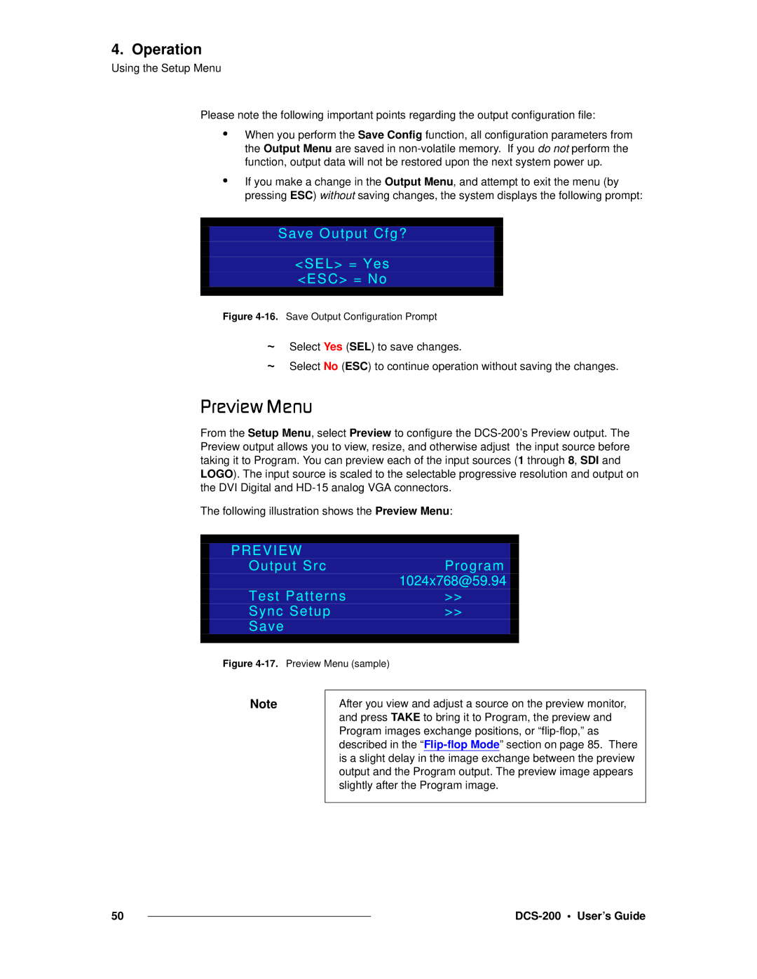Barco DCS-200 manual MêÉîáÉï=jÉåì, Save Output Cfg? SEL = Yes ESC = No, Preview 