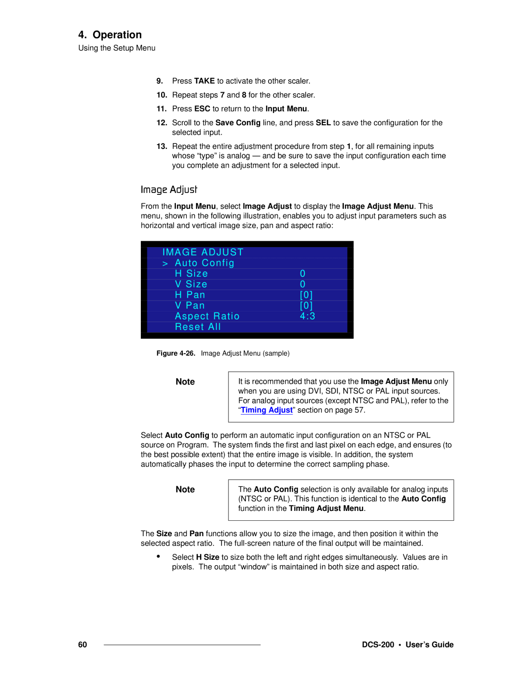Barco DCS-200 manual Fã~ÖÉ=Çàìëí, Image Adjust, Auto Config Size Pan Aspect Ratio Reset All 