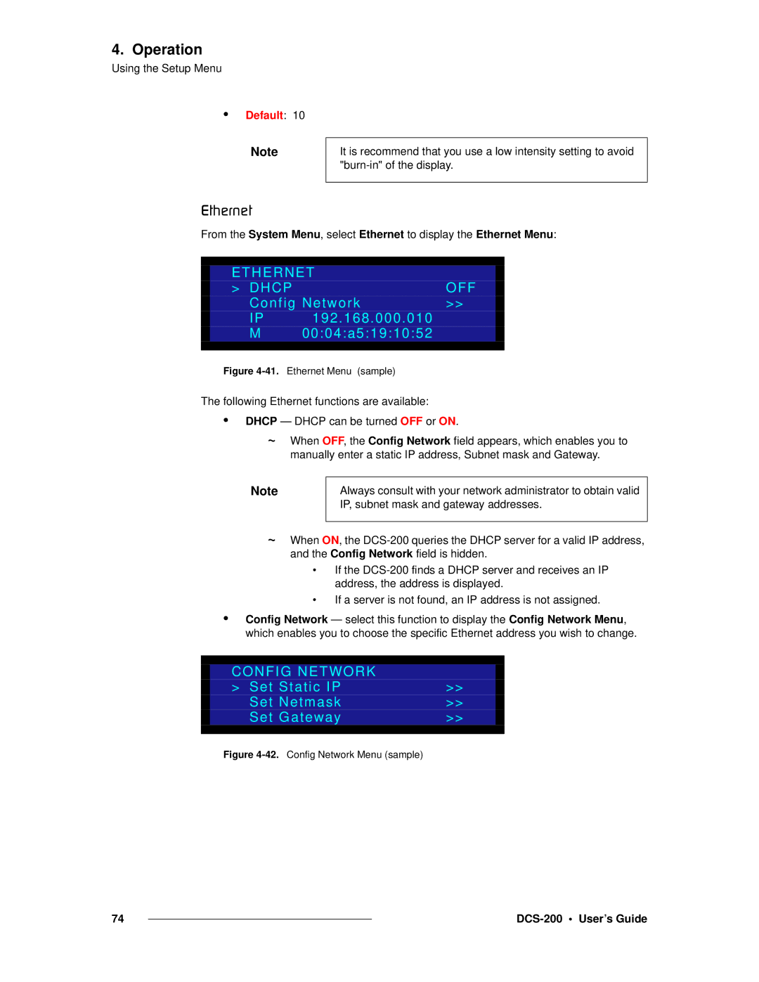 Barco DCS-200 manual BíÜÉêåÉí, Ethernet Dhcp OFF, Config Network 192.168.000.010 0004a5191052 