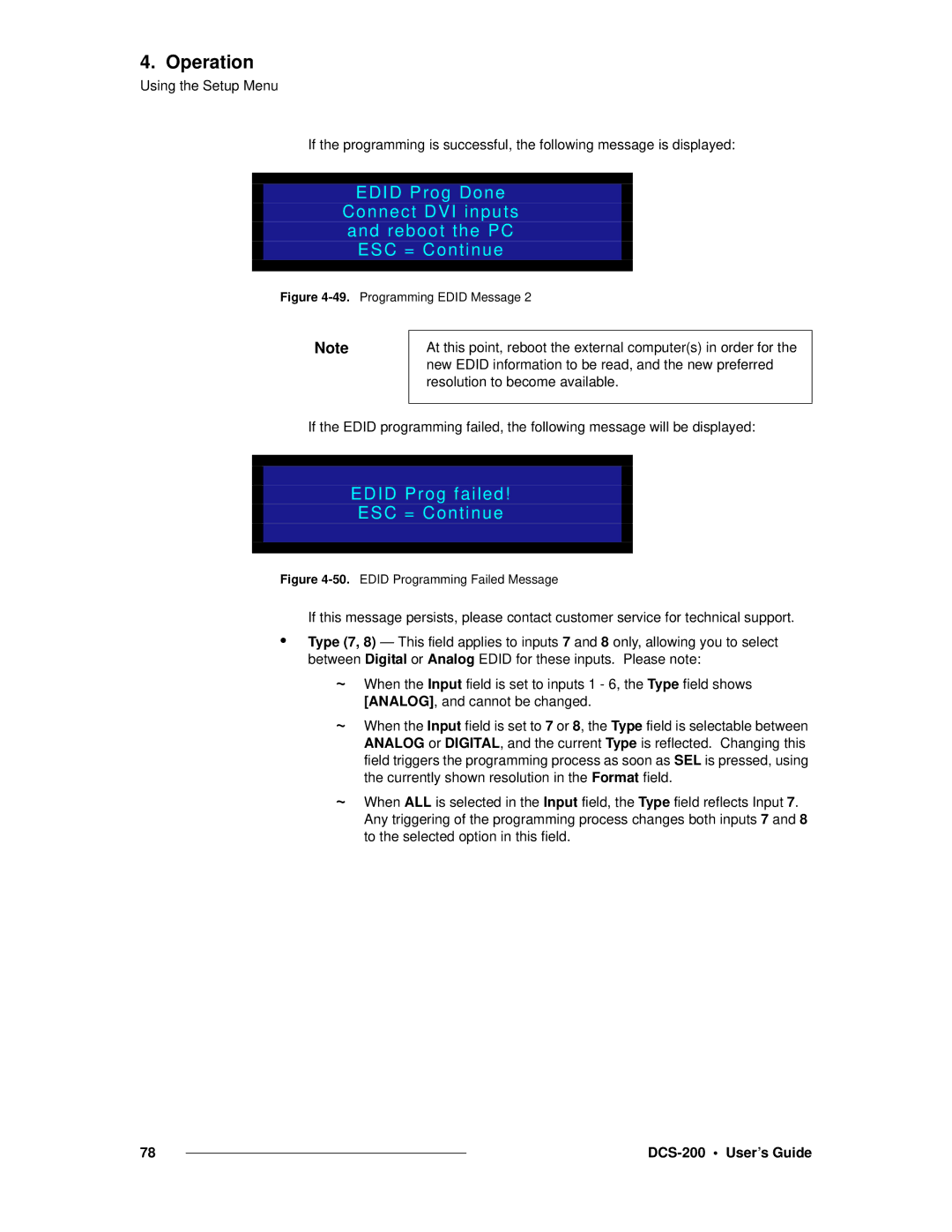 Barco DCS-200 manual Edid Prog failed ESC = Continue, Programming Edid Message 