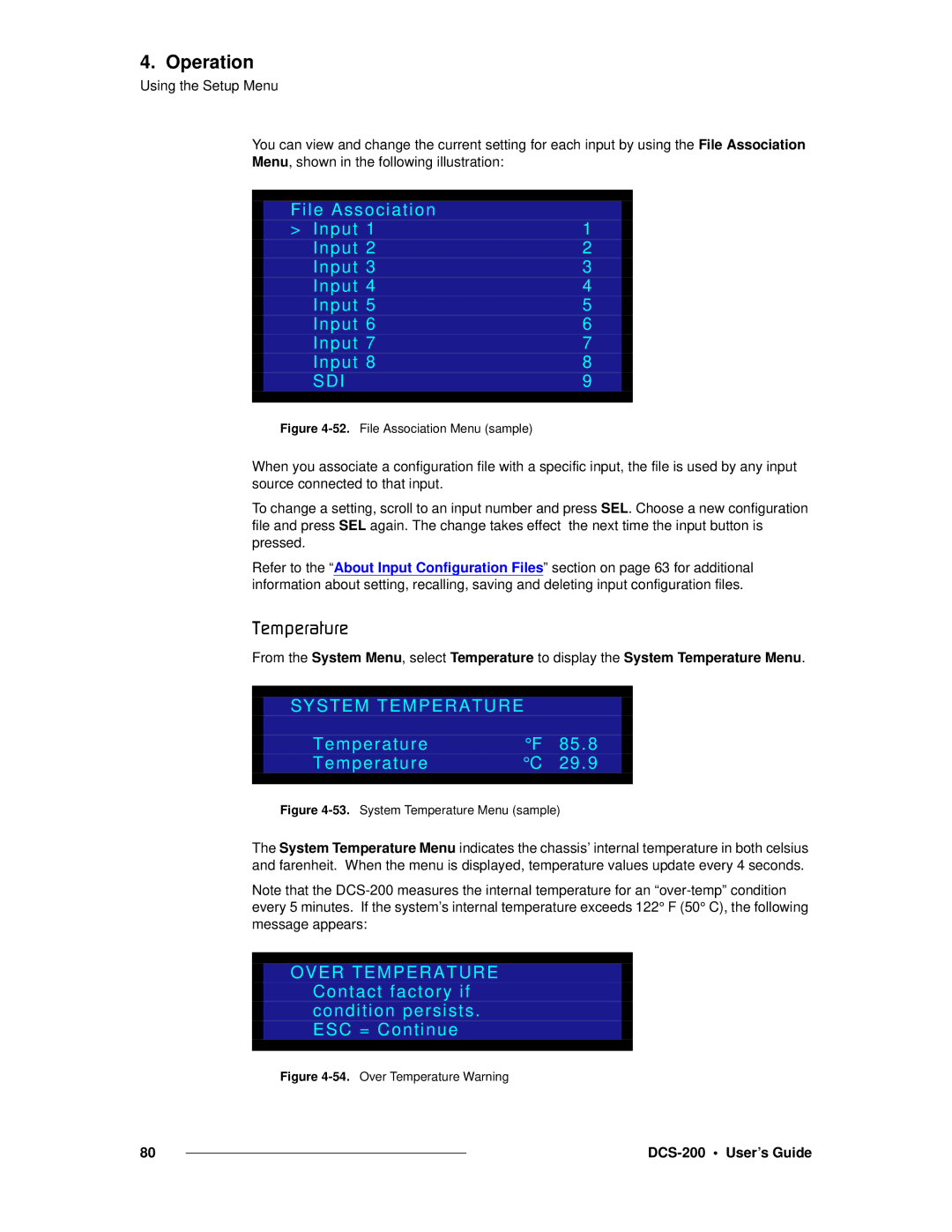 Barco DCS-200 manual QÉãéÉê~íìêÉ, File Association Input, System Temperature, Temperature 85.8 29.9 