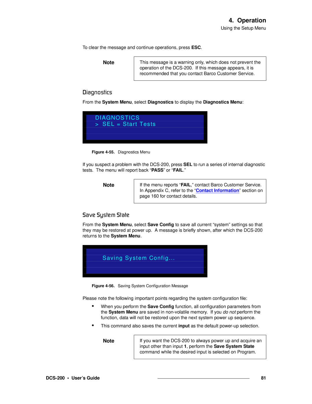 Barco DCS-200 manual Aá~ÖåçëíáÅë, ~îÉ=póëíÉã=pí~íÉ, Diagnostics, SEL = Start Tests, Saving System Config 