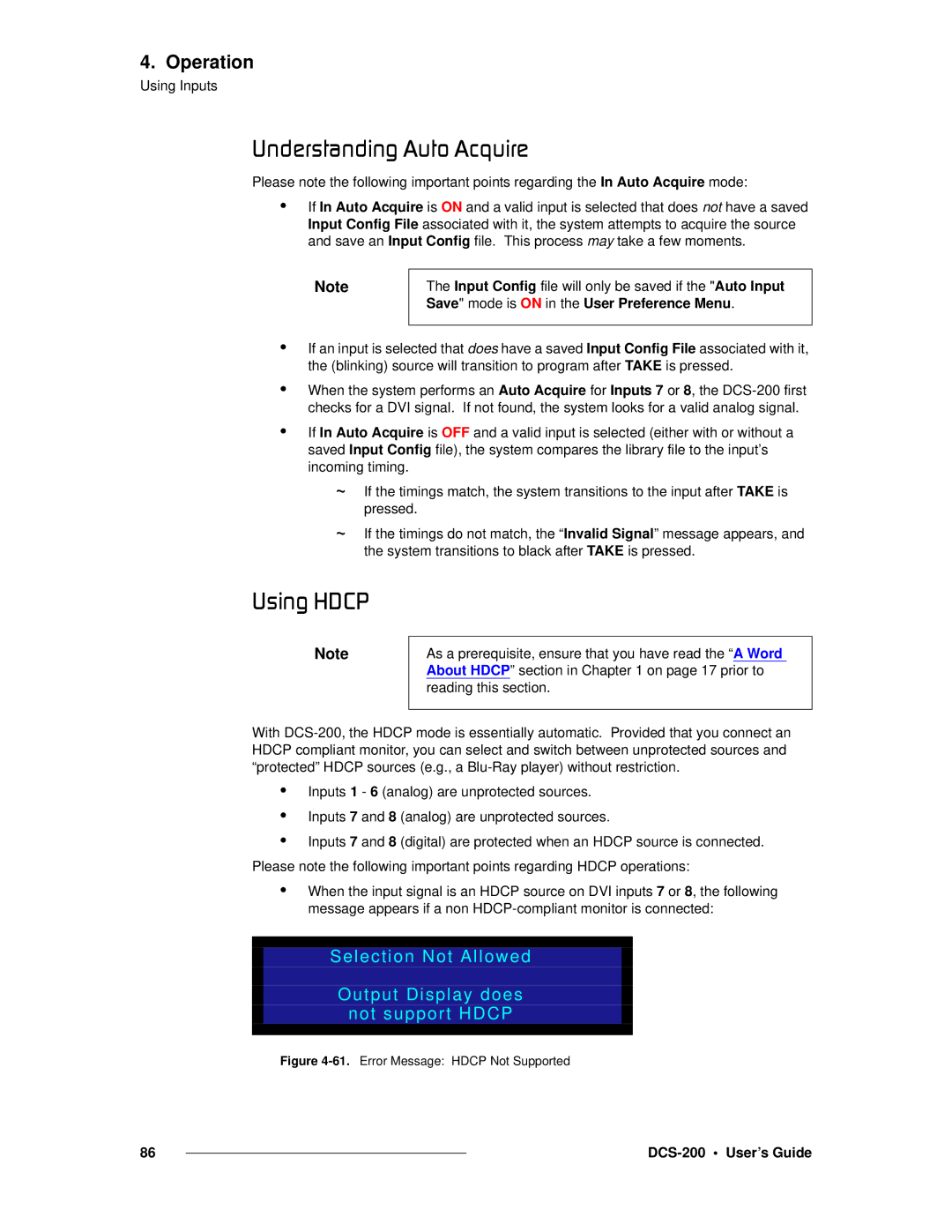 Barco DCS-200 manual RåÇÉêëí~åÇáåÖ=ìíç=ÅèìáêÉ, RëáåÖ=ea`m, Selection Not Allowed Output Display does Not support Hdcp 