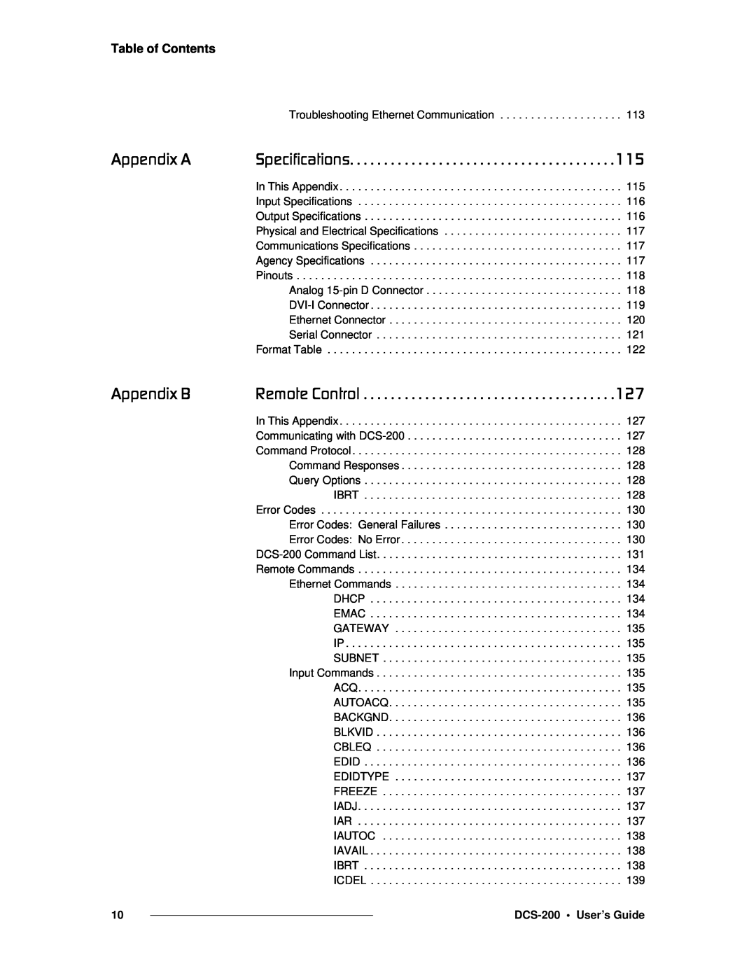 Barco manual Table of Contents, Troubleshooting Ethernet Communication, DCS-200 User’s Guide 