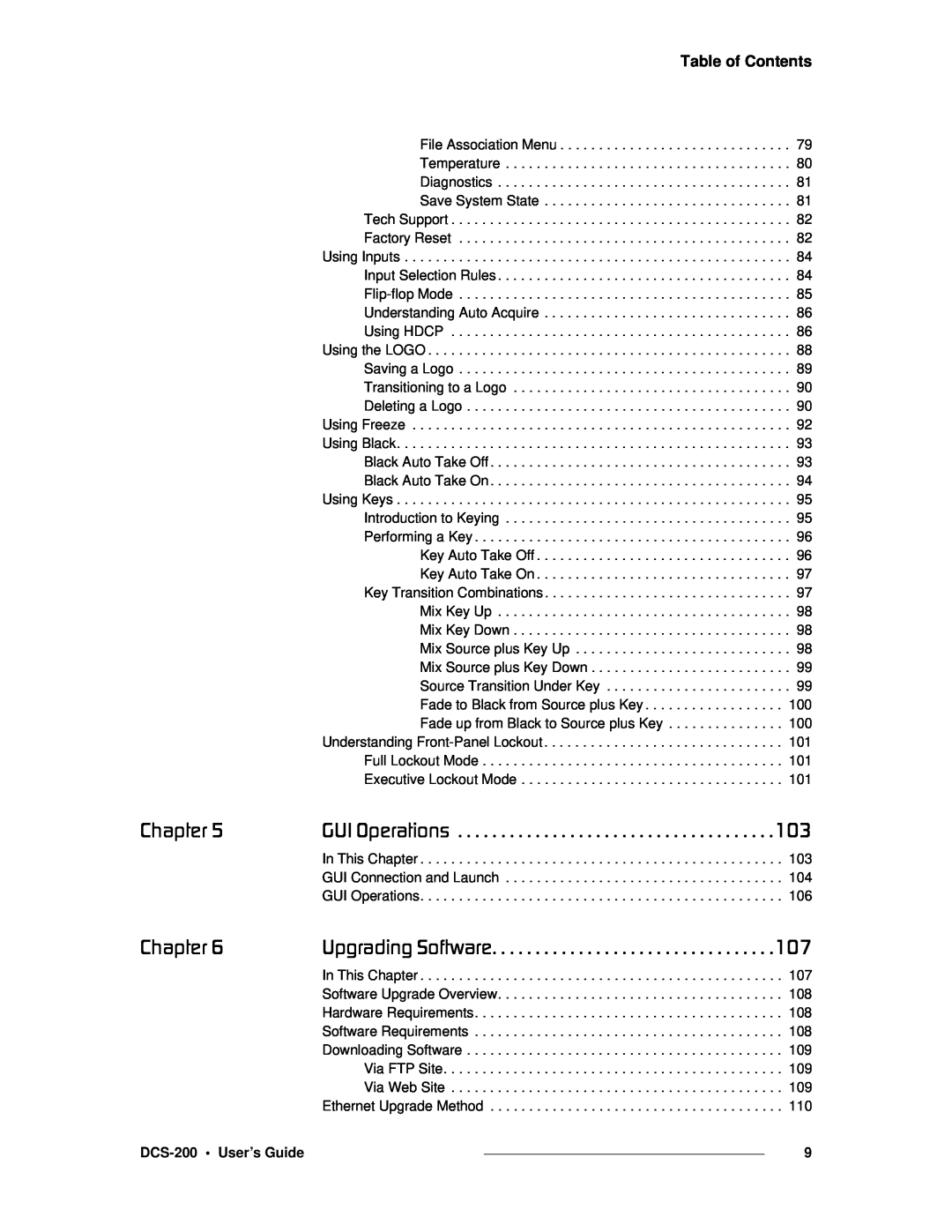 Barco manual `Ü~éíÉê=R, `Ü~éíÉê=S, Table of Contents, DCS-200 User’s Guide 