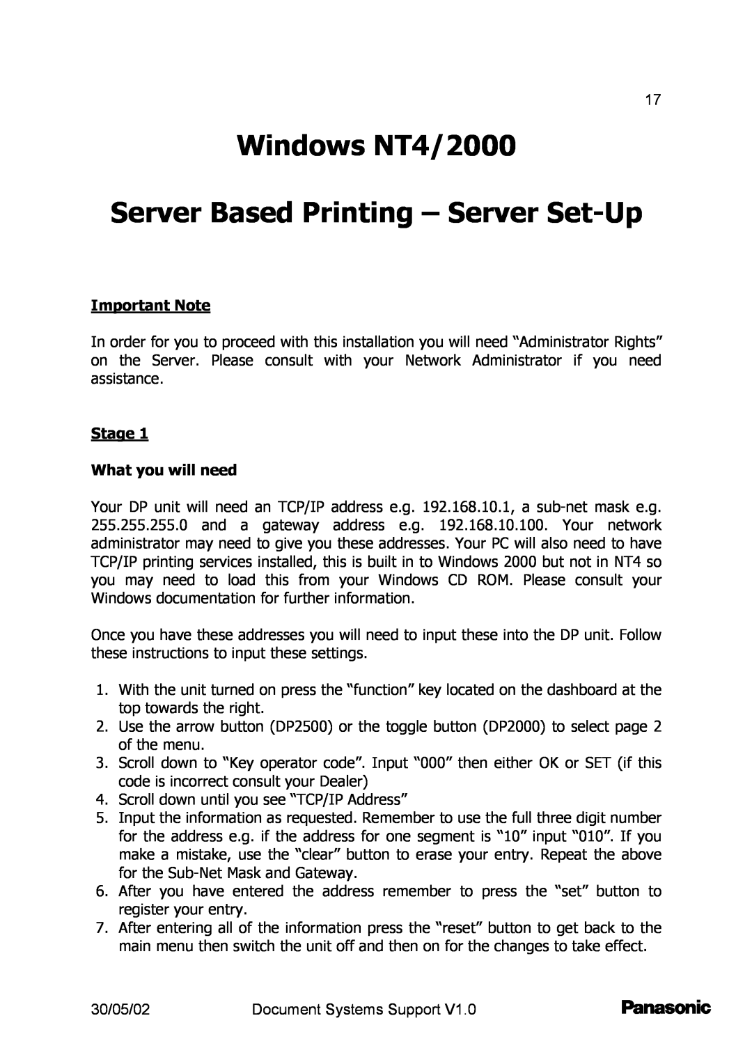 Barco DP2000/2500 Windows NT4/2000 Server Based Printing - Server Set-Up, Important Note, Stage What you will need 