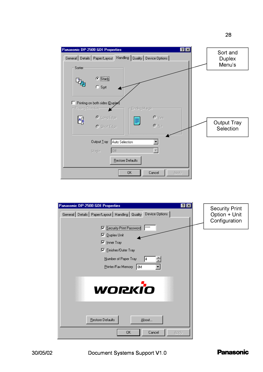 Barco DP2000/2500 Sort and Duplex Menu’s Output Tray Selection Security Print, Option + Unit Configuration, 30/05/02 