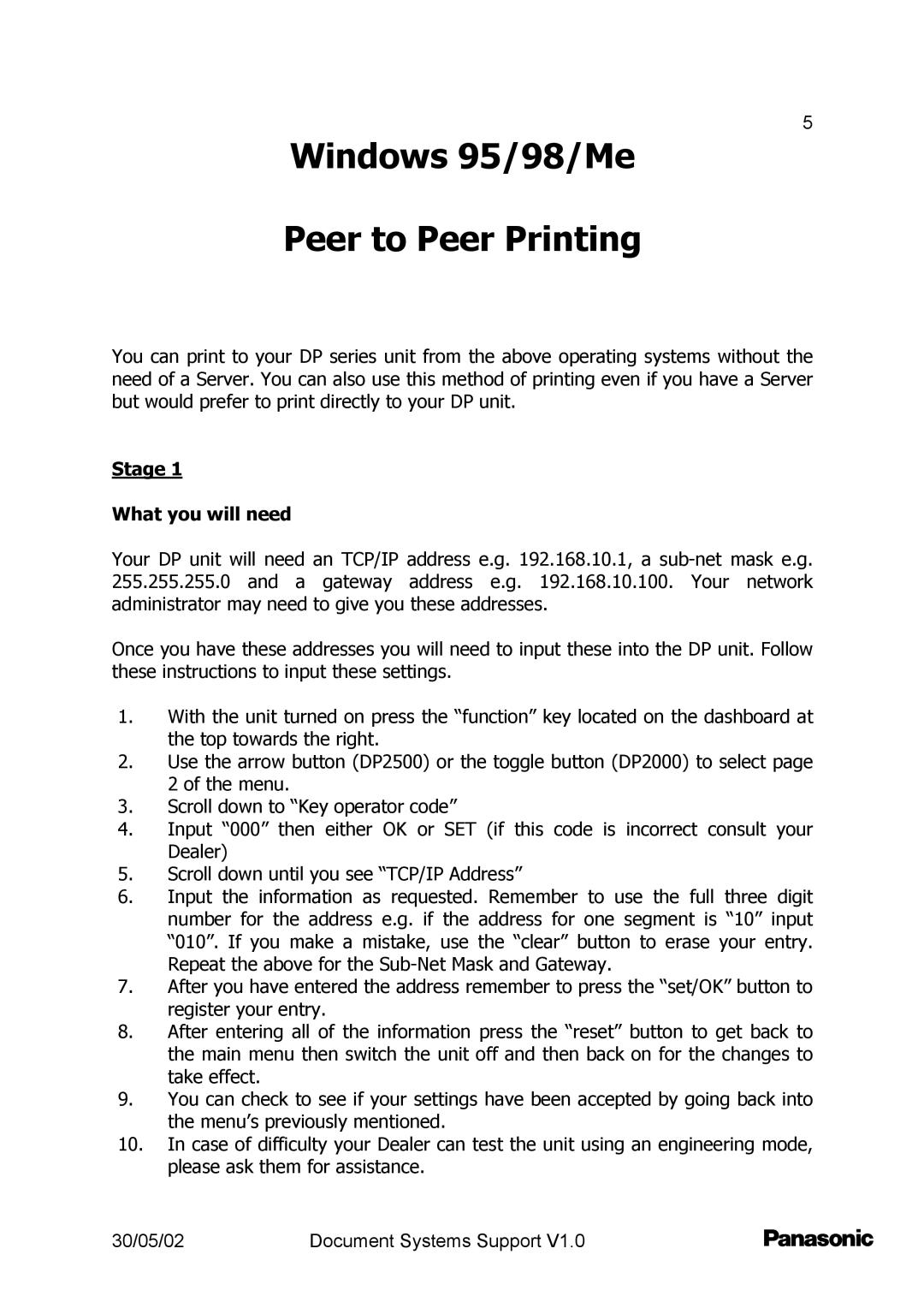 Barco DP2000/2500 setup guide Windows 95/98/Me Peer to Peer Printing, Stage What you will need 