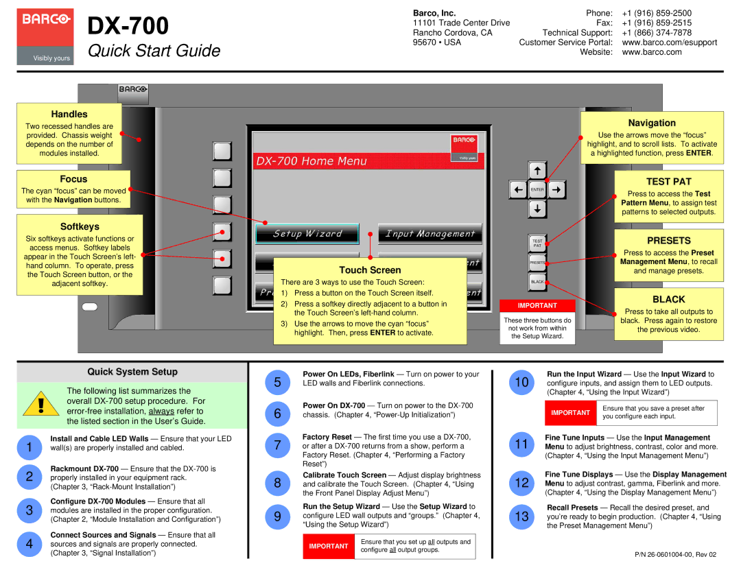 Barco DX-700 quick start Handles, Focus, Softkeys, Touch Screen, Navigation, Quick System Setup 