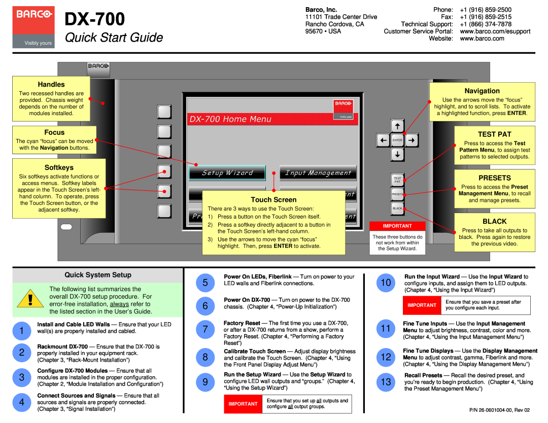Barco DX-700 quick start Quick Start Guide, Handles, Focus, Softkeys, Touch Screen, Navigation, Test Pat, Presets, Black 