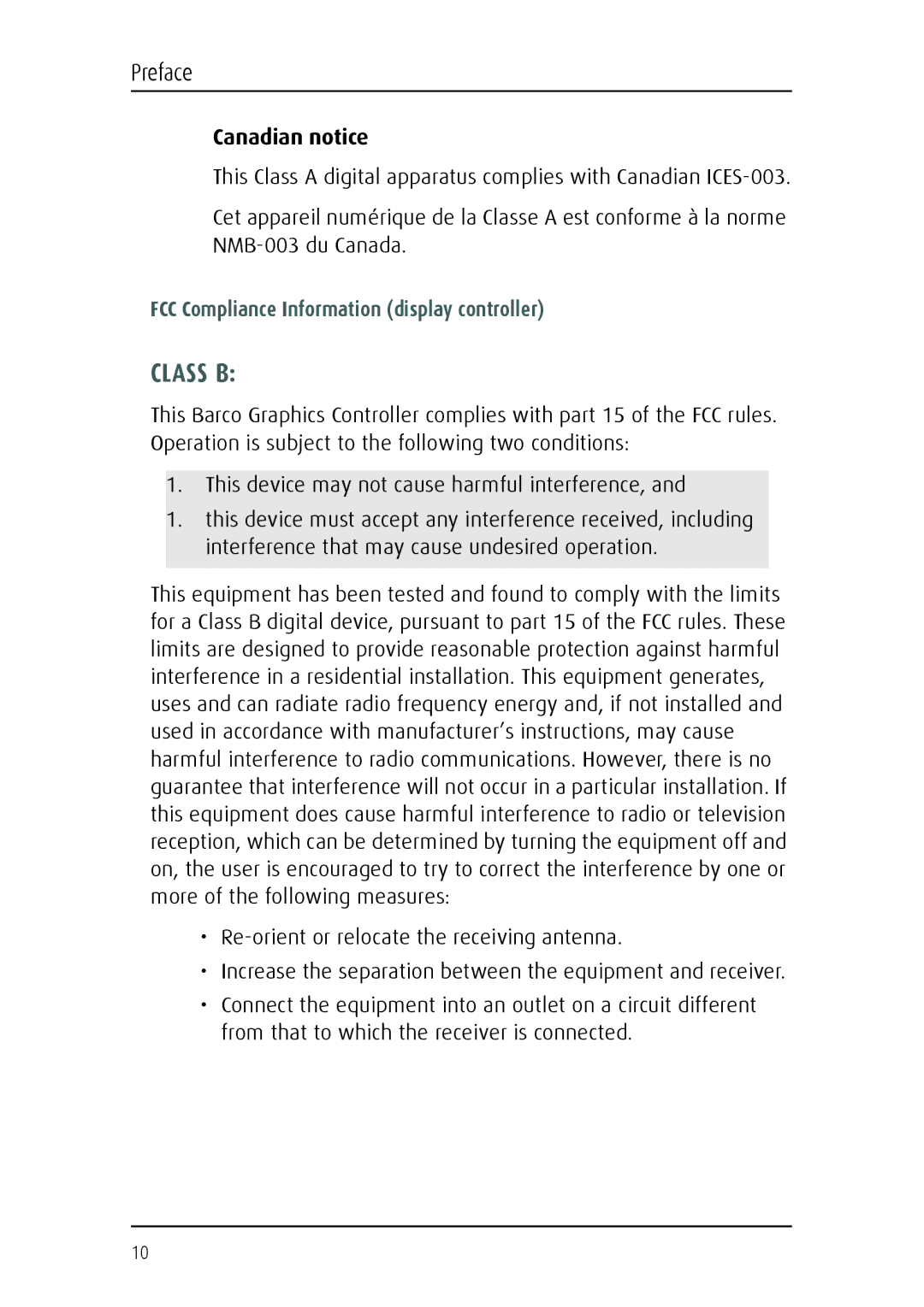 Barco E-2320 C (SE) system manual Canadian notice, FCC Compliance Information display controller 