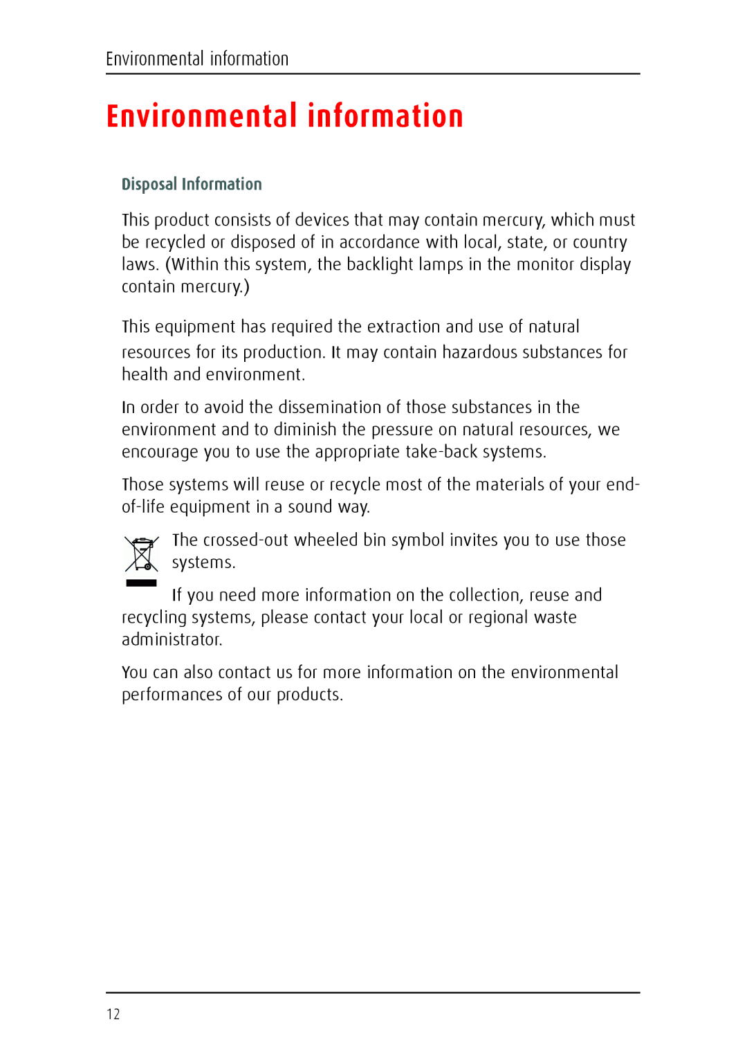 Barco E-2320 C (SE) system manual Environmental information, Disposal Information 