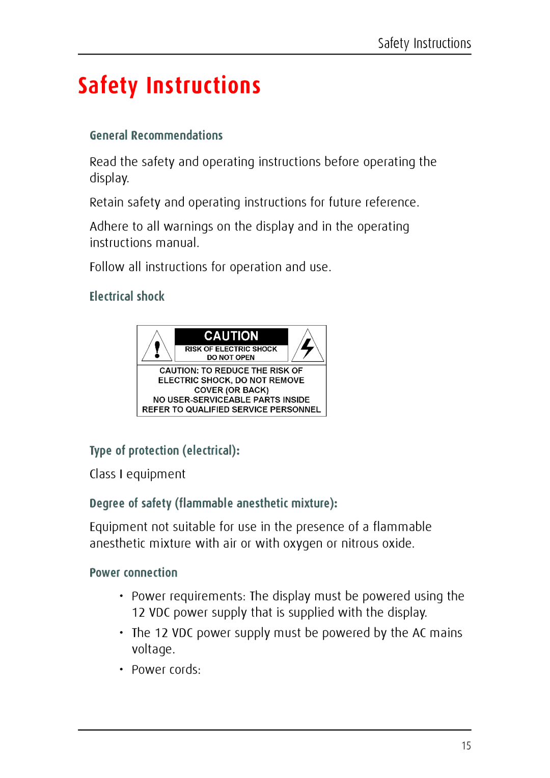 Barco E-2320 C (SE) Safety Instructions, General Recommendations, Electrical shock Type of protection electrical 