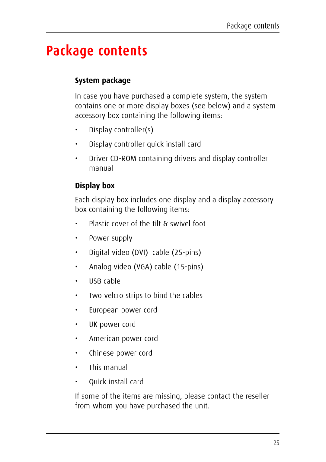 Barco E-2320 C (SE) system manual Package contents 