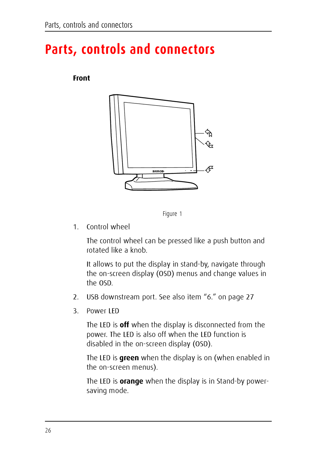 Barco E-2320 C (SE) system manual Parts, controls and connectors, Front 