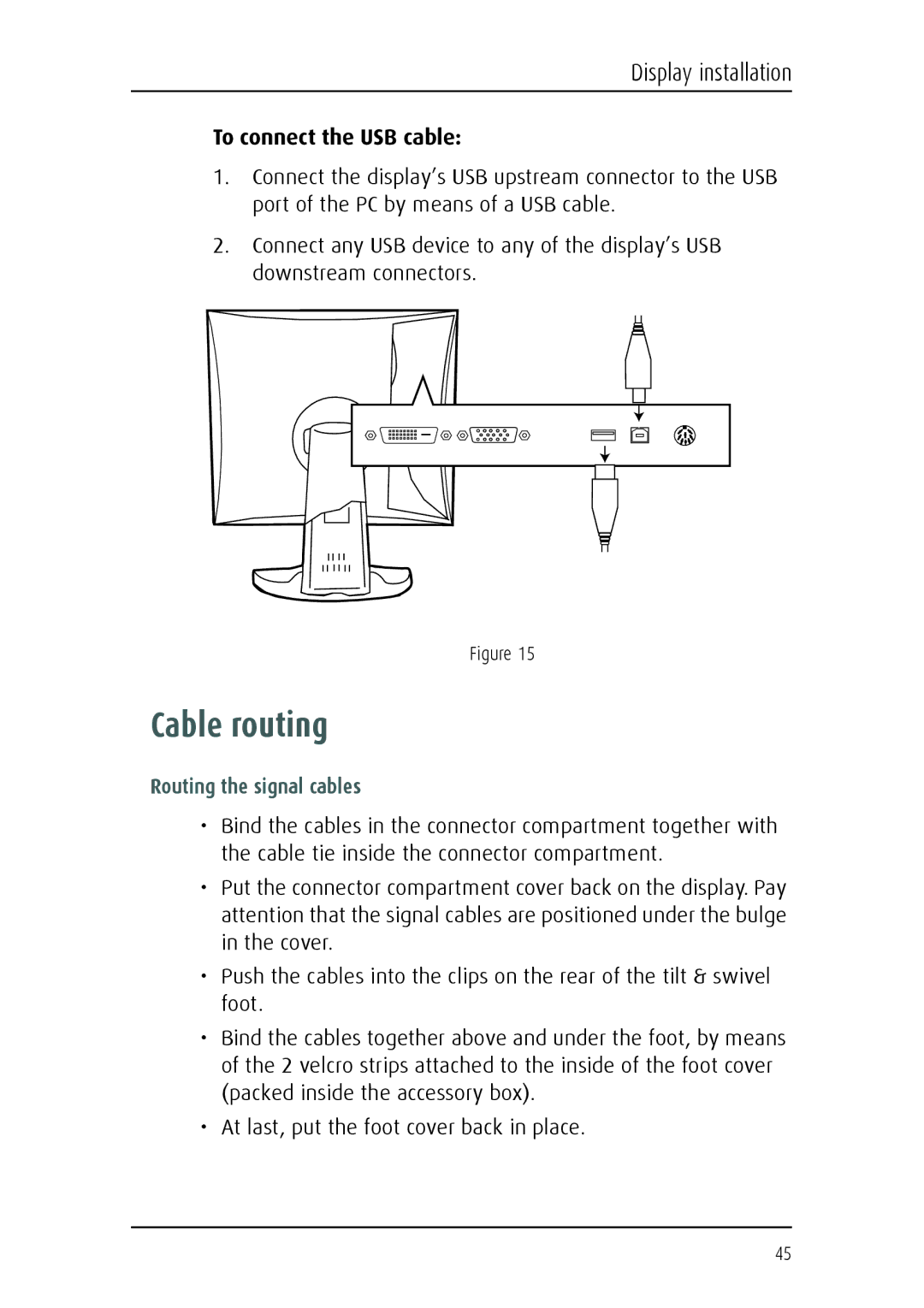 Barco E-2320 C (SE) system manual Cable routing, To connect the USB cable, Routing the signal cables 