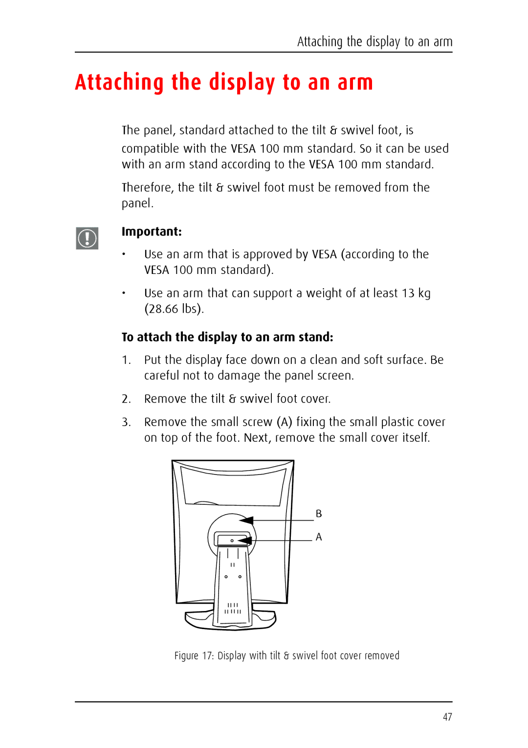 Barco E-2320 C (SE) system manual Attaching the display to an arm, To attach the display to an arm stand 