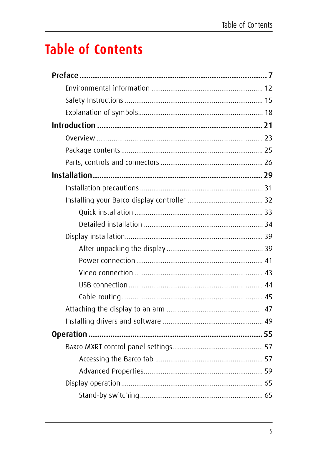 Barco E-2320 C (SE) system manual Table of Contents 