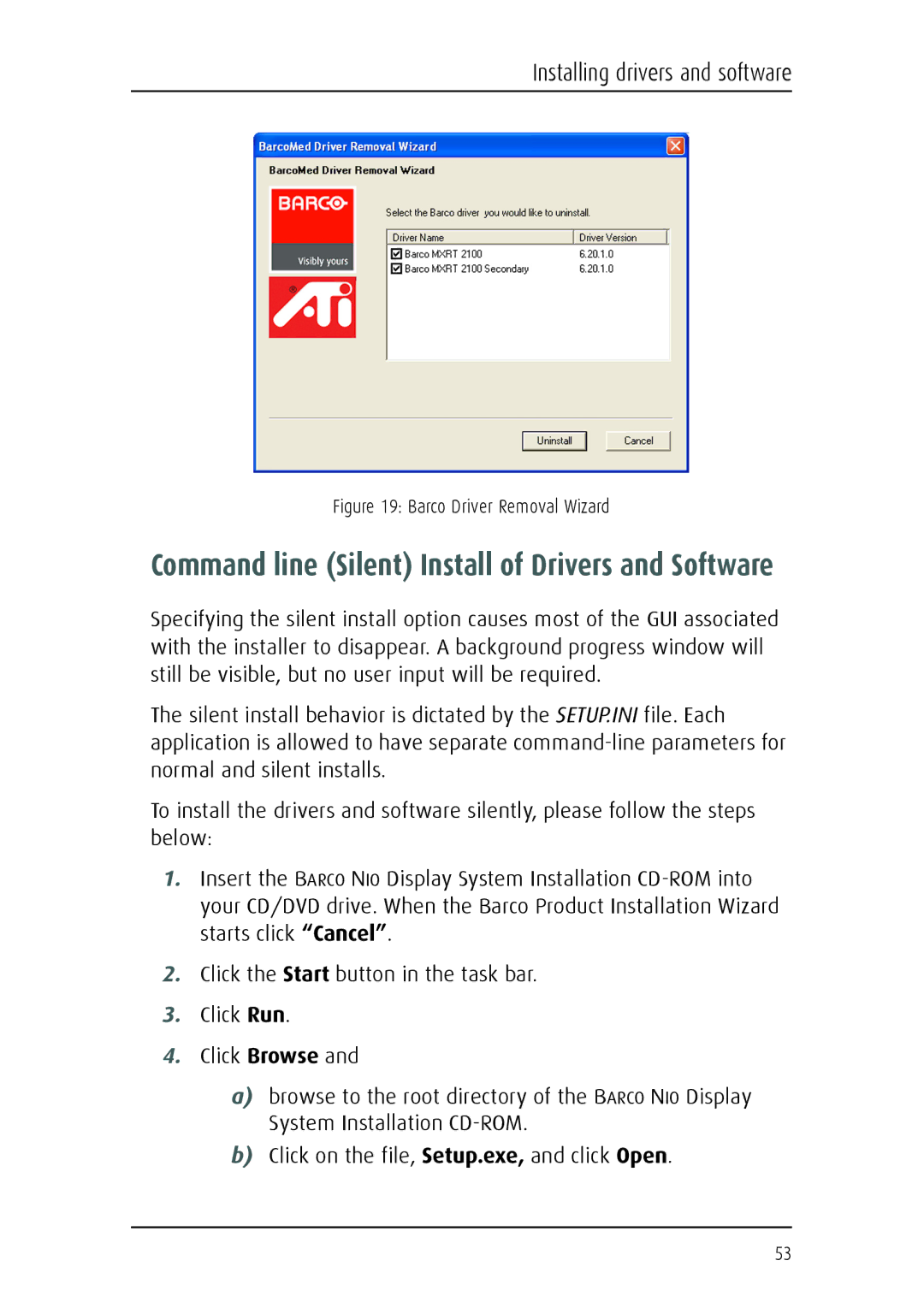 Barco E-2320 C (SE) system manual Command line Silent Install of Drivers and Software 