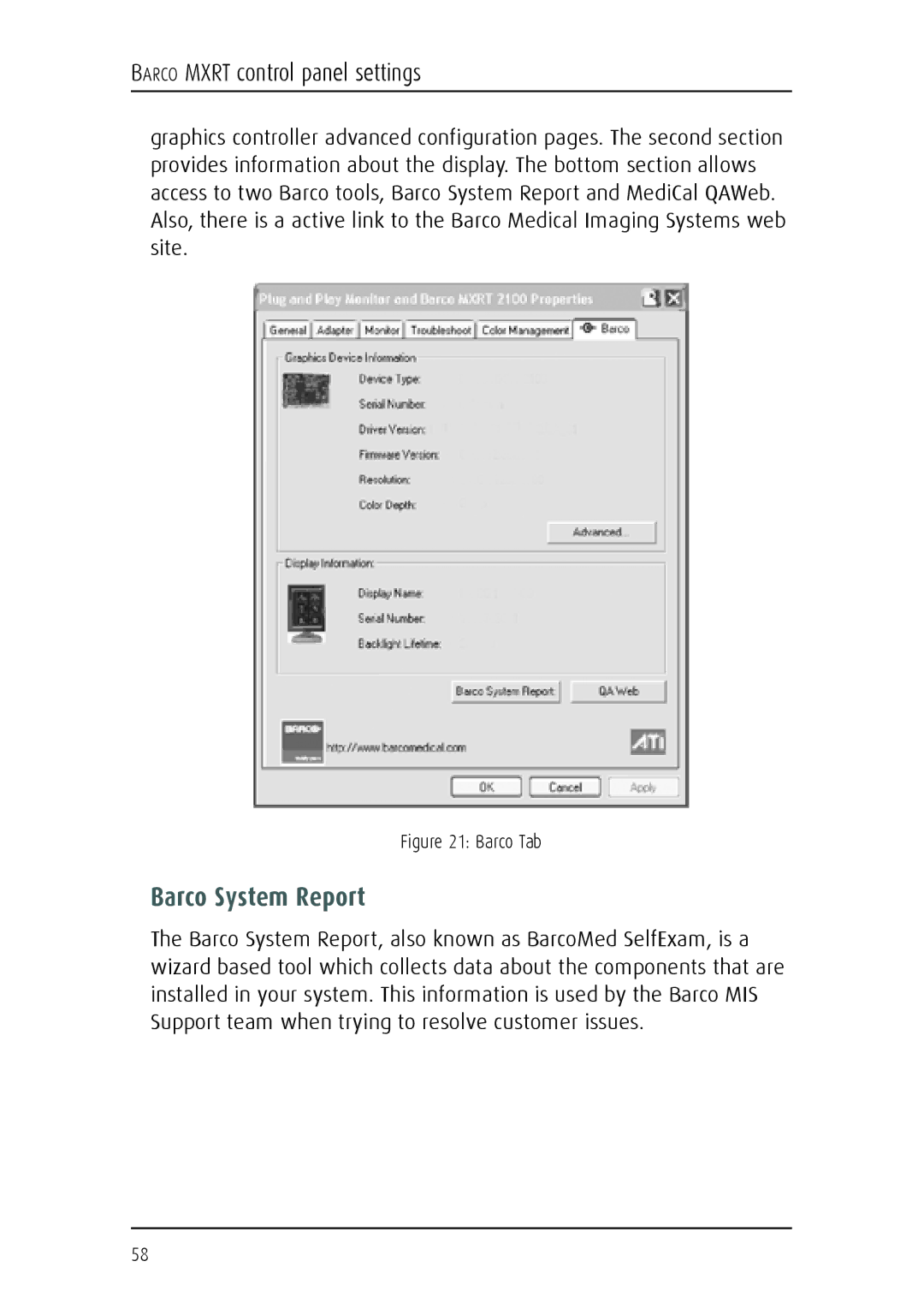 Barco E-2320 C (SE) system manual Barco System Report 