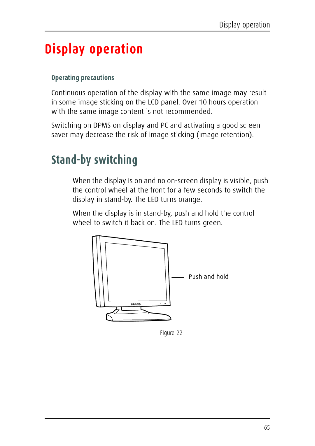 Barco E-2320 C (SE) system manual Display operation, Stand-by switching 