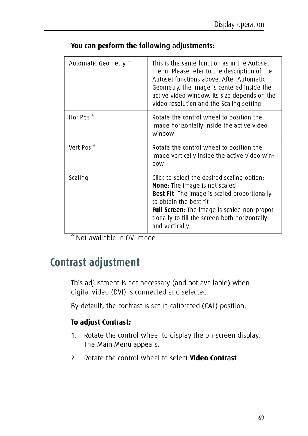 Barco E-2320 C (SE) system manual Contrast adjustment, You can perform the following adjustments, To adjust Contrast 