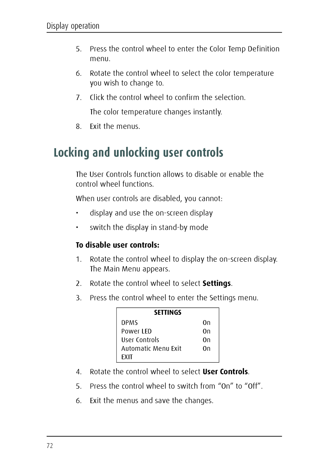 Barco E-2320 C (SE) system manual Locking and unlocking user controls, To disable user controls 