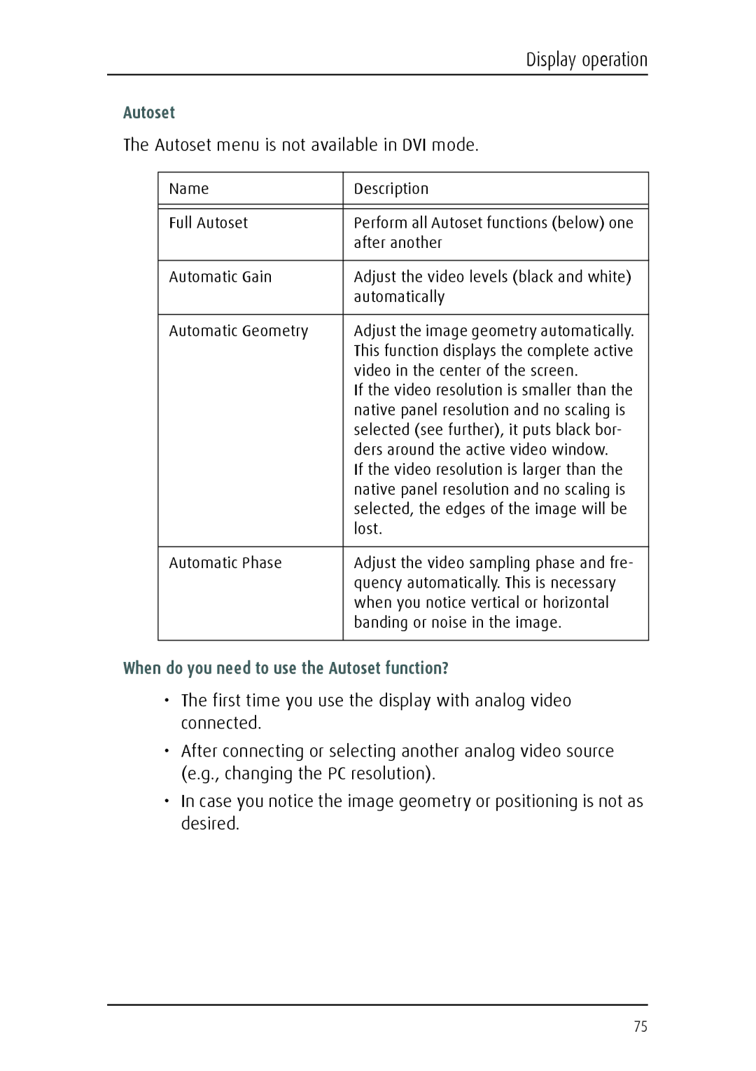 Barco E-2320 C (SE) system manual Autoset menu is not available in DVI mode 