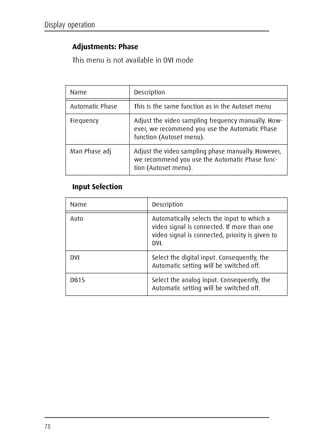 Barco E-2320 C (SE) system manual Adjustments Phase, Input Selection 