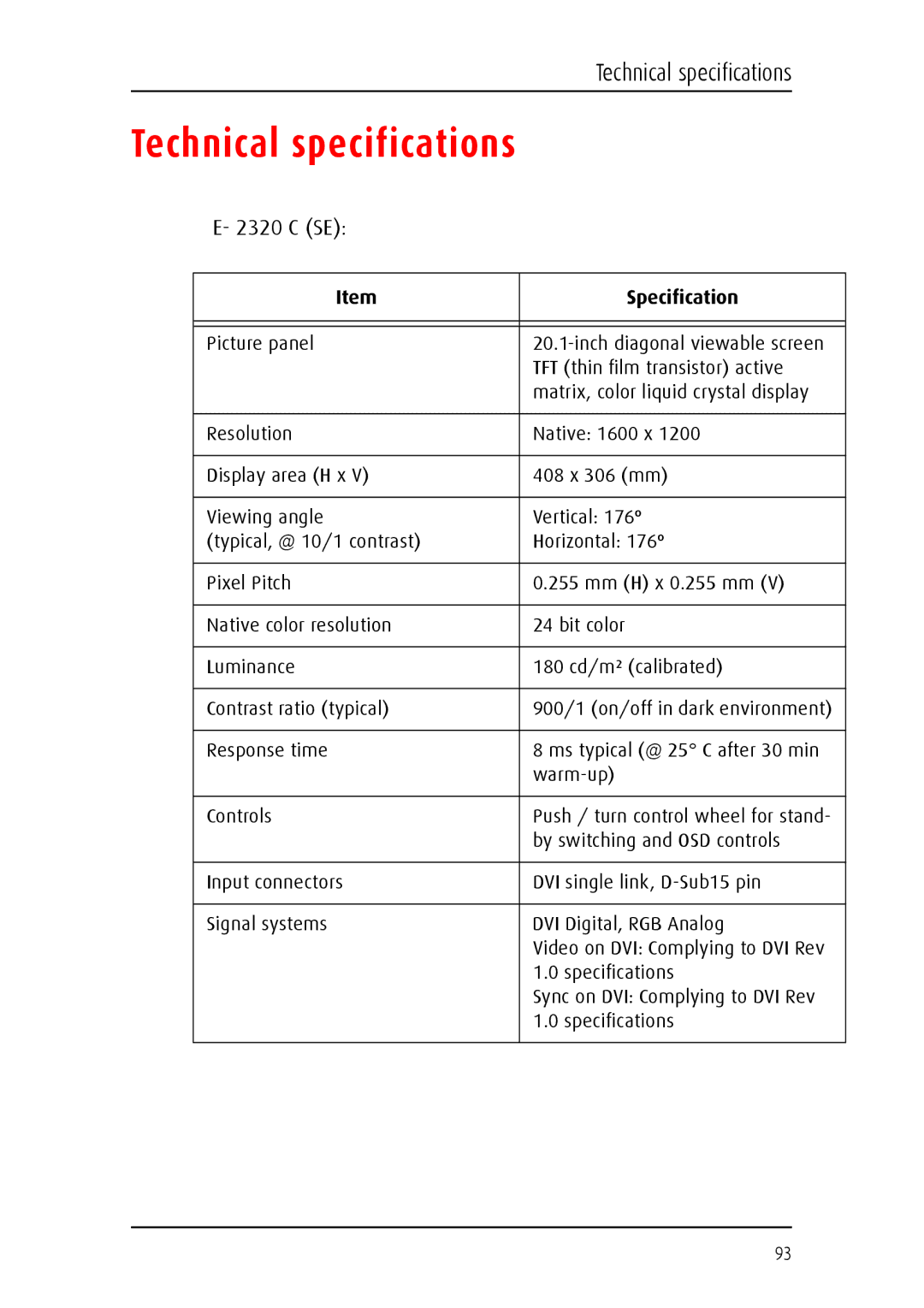 Barco E-2320 C (SE) system manual Technical specifications 