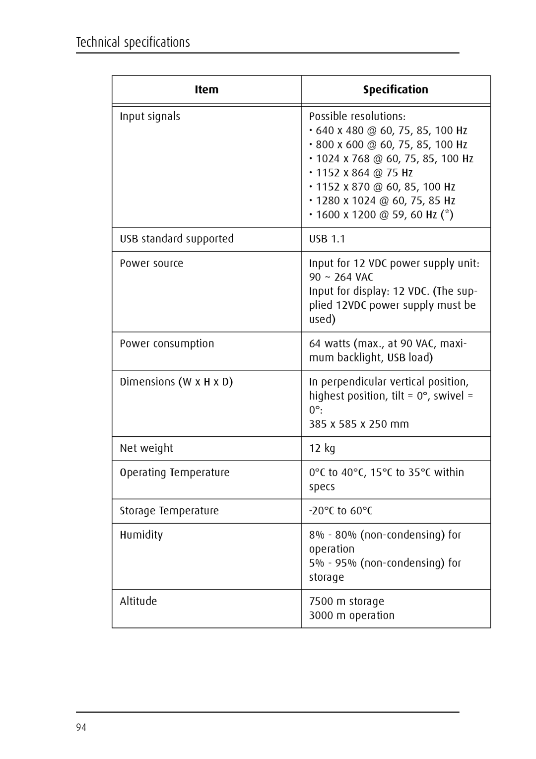 Barco E-2320 C (SE) system manual Technical specifications 