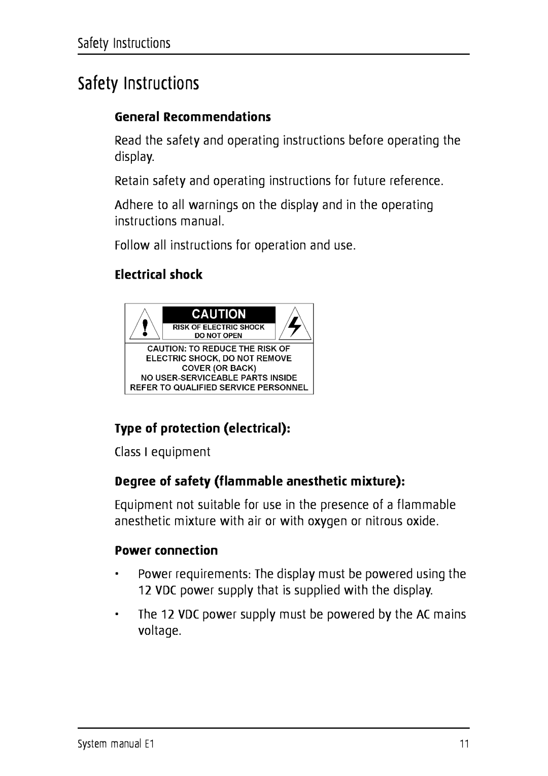 Barco E1 Safety Instructions, General Recommendations, Electrical shock Type of protection electrical, Power connection 
