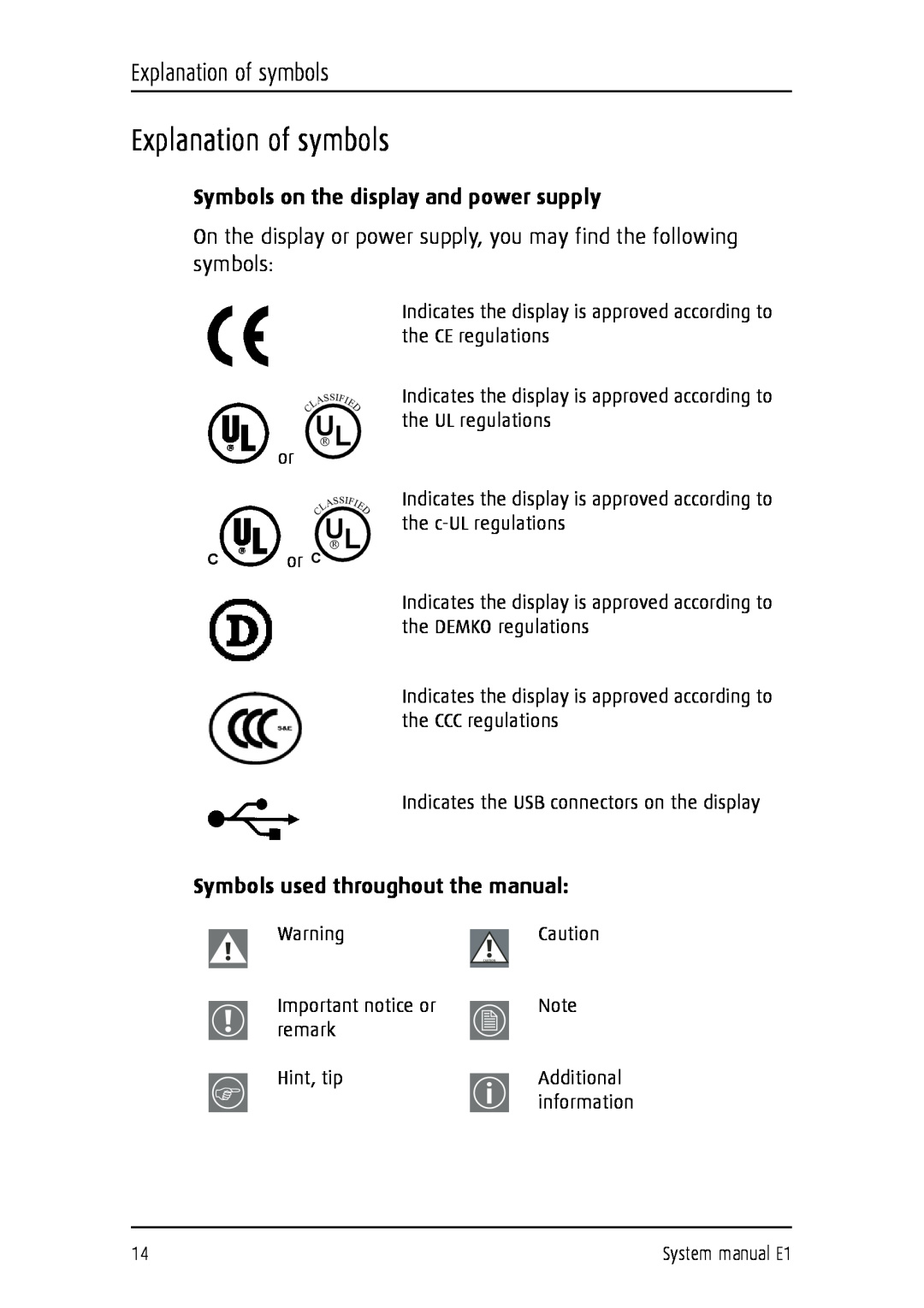 Barco E1 Explanation of symbols, Symbols on the display and power supply, Symbols used throughout the manual 