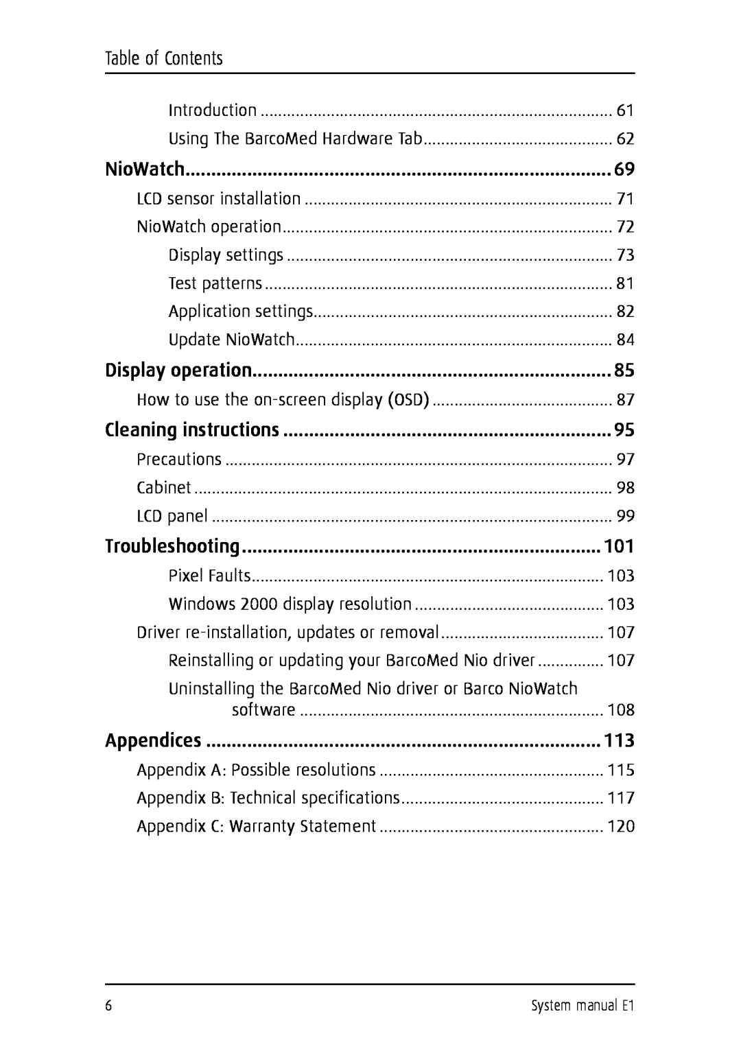 Barco E1 manual Table of Contents 