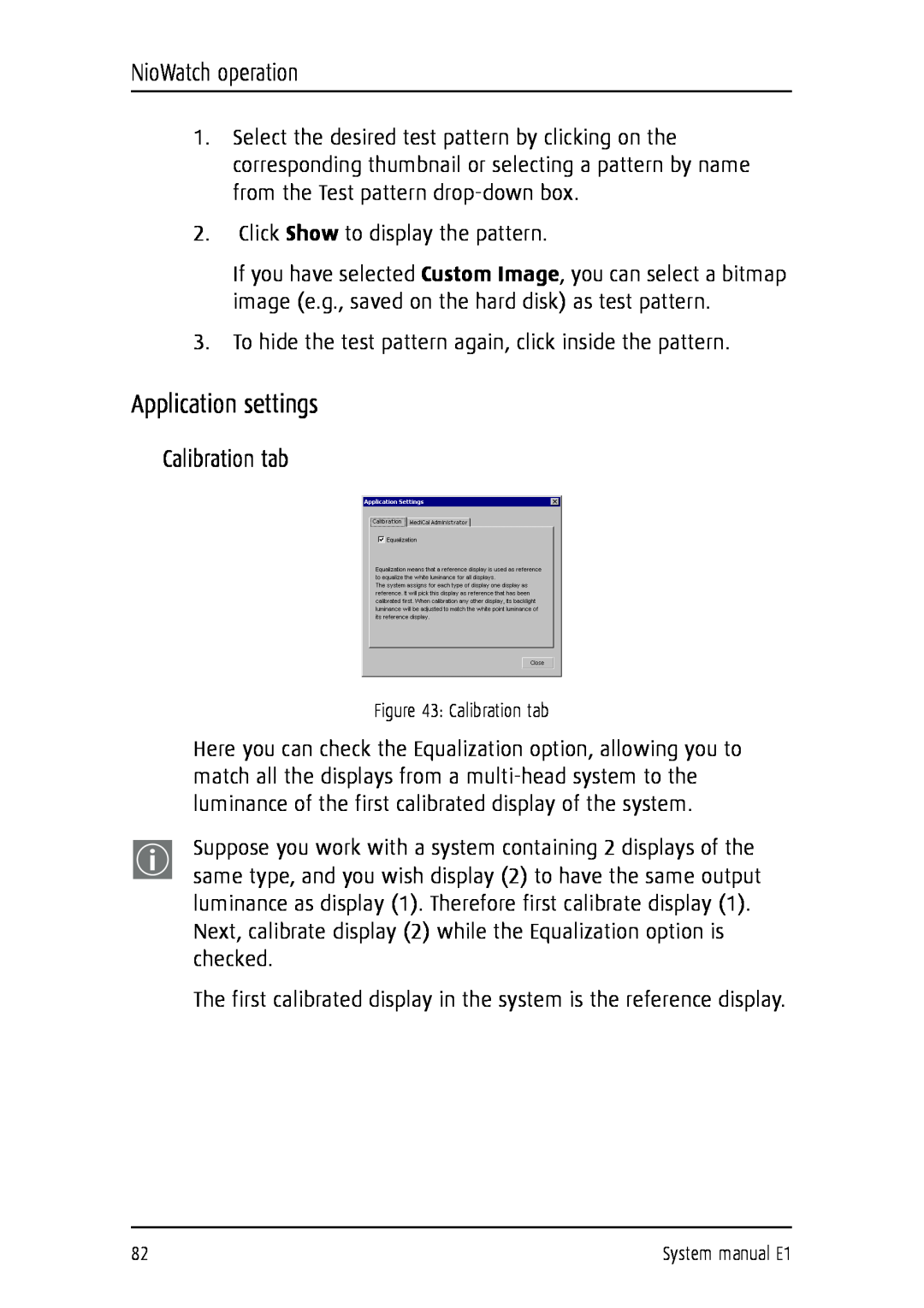 Barco E1 manual Application settings, NioWatch operation, Calibration tab 