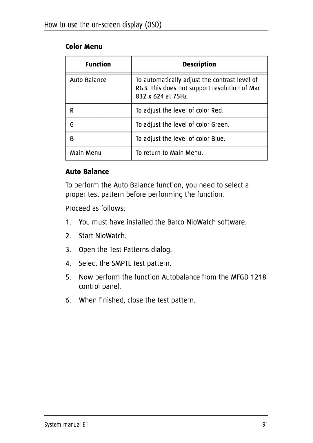 Barco E1 manual Color Menu, Auto Balance, How to use the on-screen display OSD 