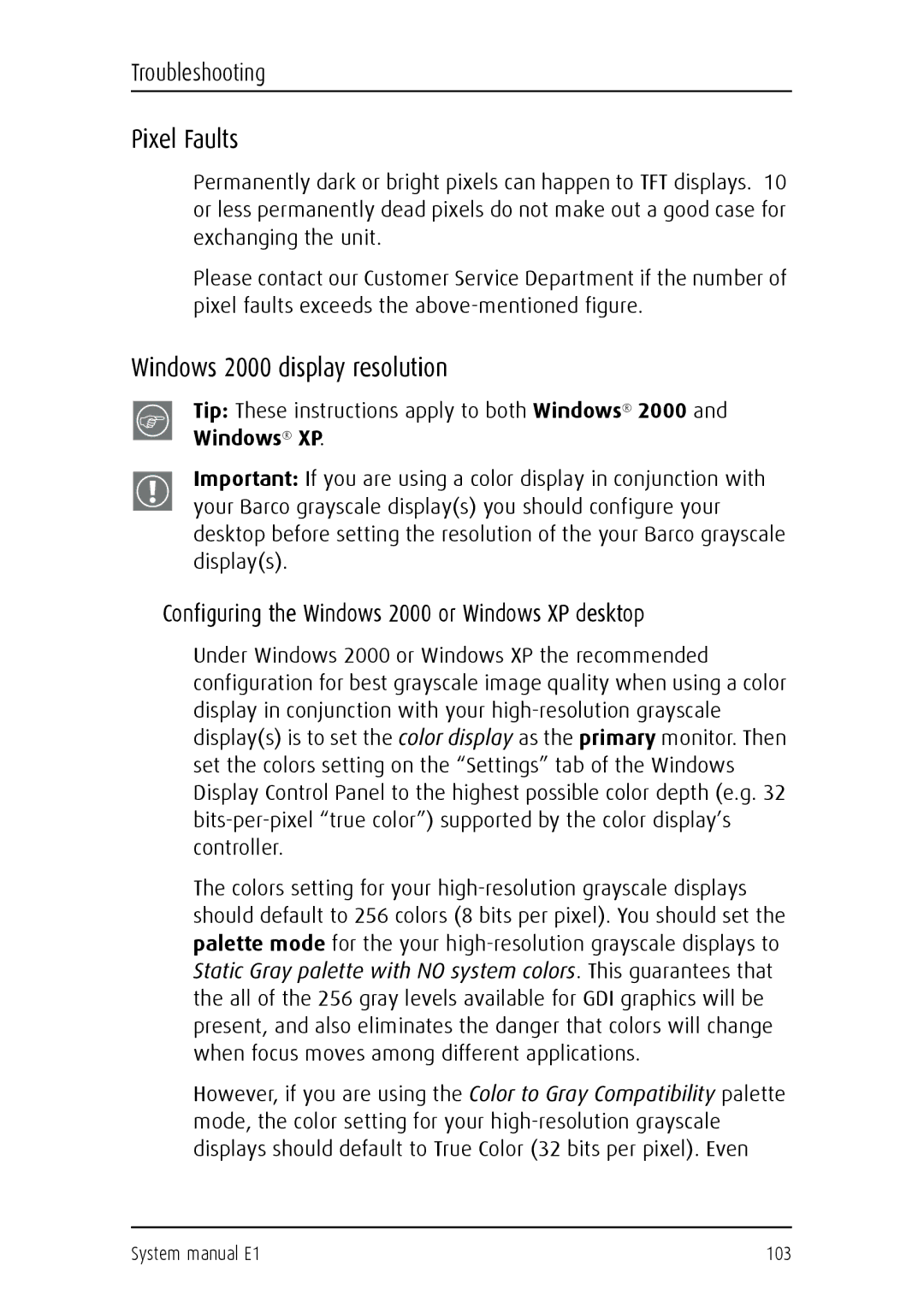 Barco E1 manual Pixel Faults, Windows 2000 display resolution, Configuring the Windows 2000 or Windows XP desktop 