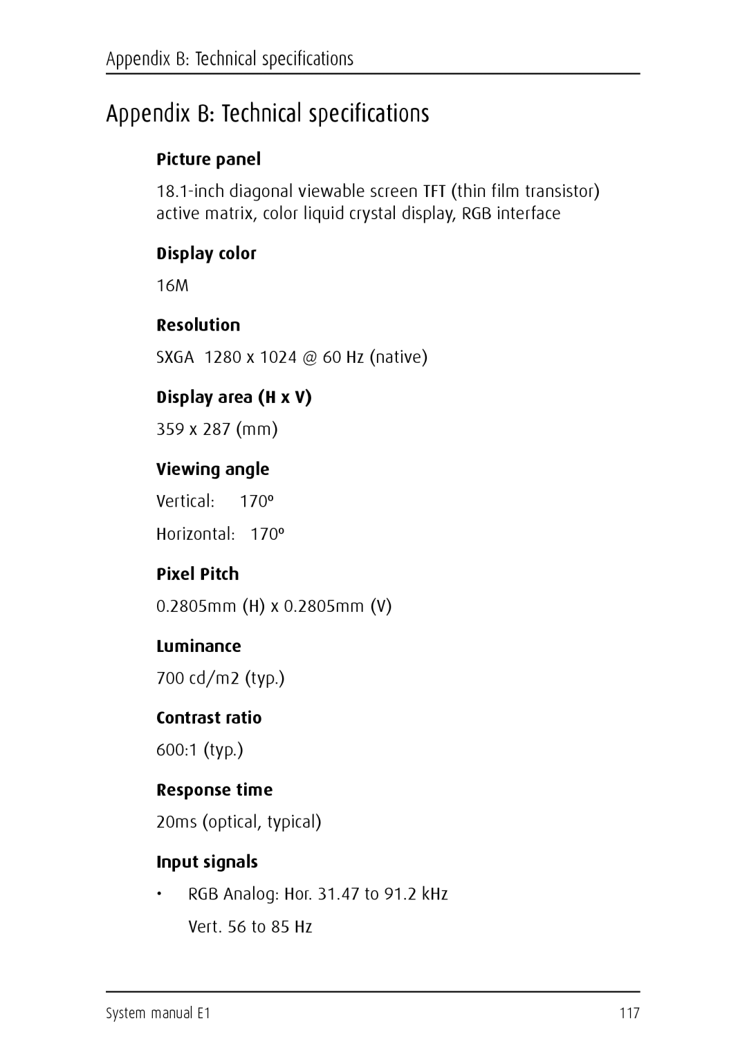 Barco E1 manual Appendix B Technical specifications 