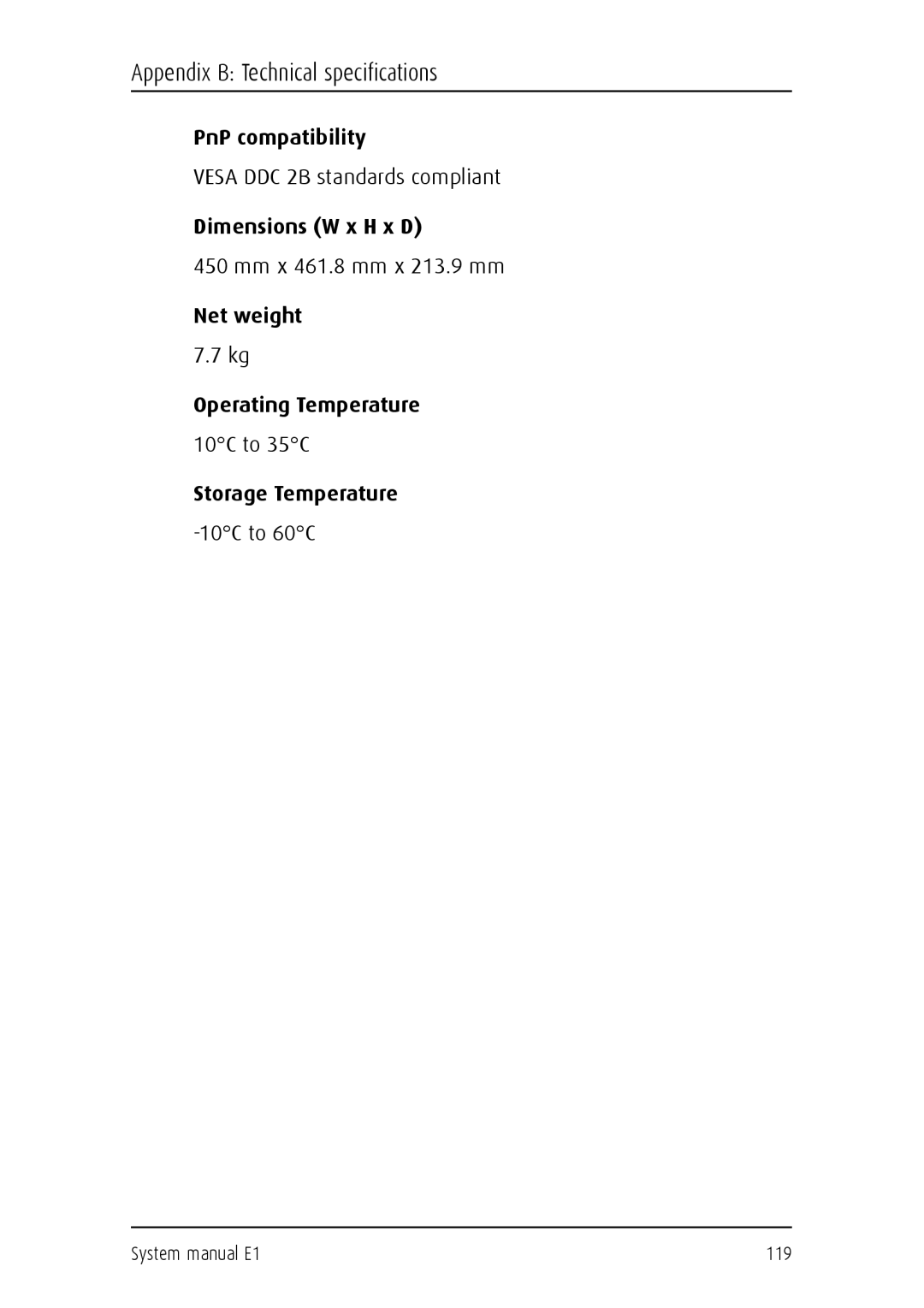 Barco E1 manual PnP compatibility, Dimensions W x H x D, Net weight Operating Temperature, Storage Temperature 