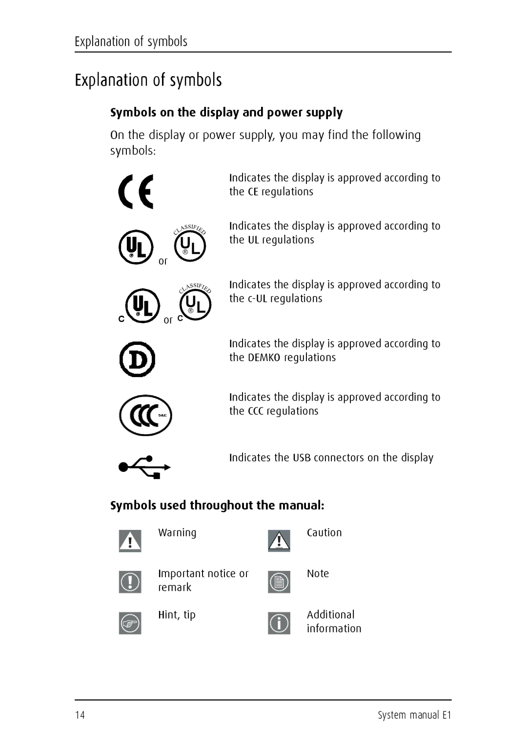 Barco E1 Explanation of symbols, Symbols on the display and power supply, Symbols used throughout the manual 