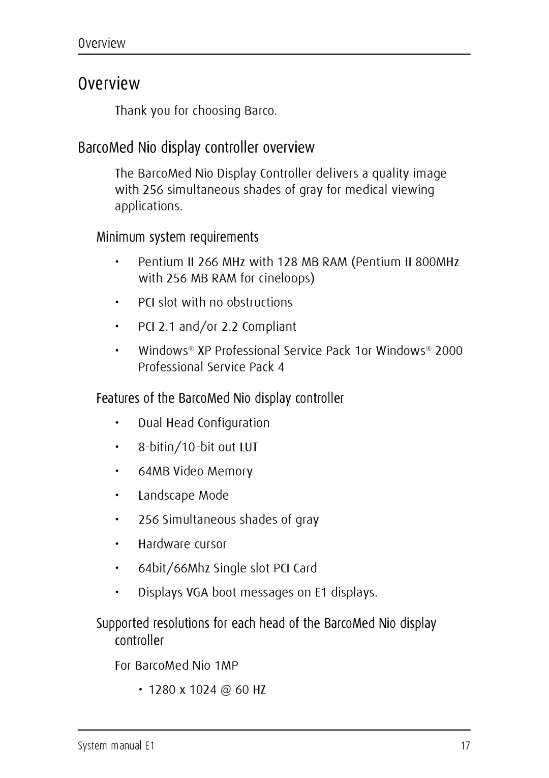 Barco E1 manual Overview, BarcoMed Nio display controller overview, Minimum system requirements 