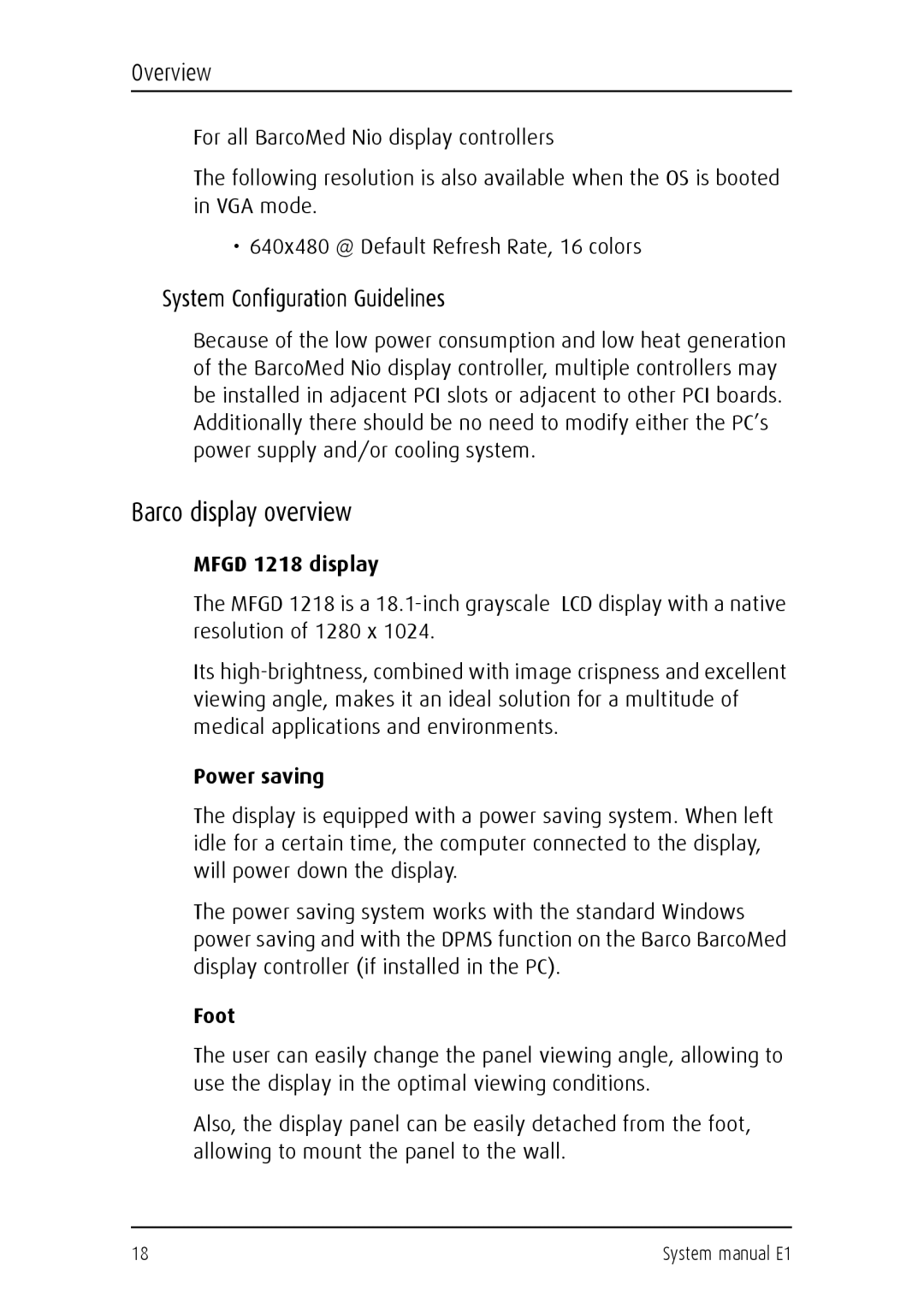 Barco E1 manual Barco display overview, System Configuration Guidelines, Mfgd 1218 display, Power saving, Foot 