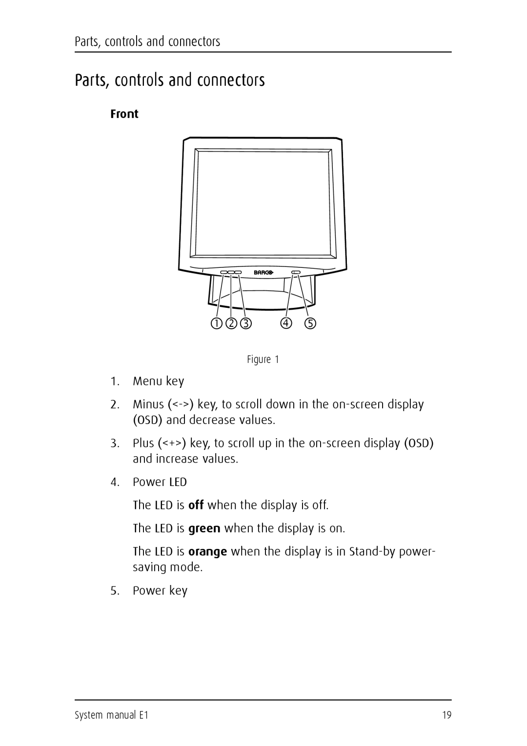 Barco E1 manual Parts, controls and connectors, Front 