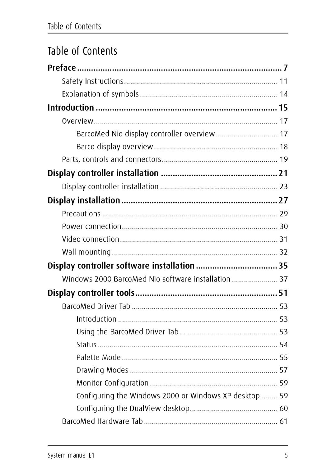 Barco E1 manual Table of Contents 