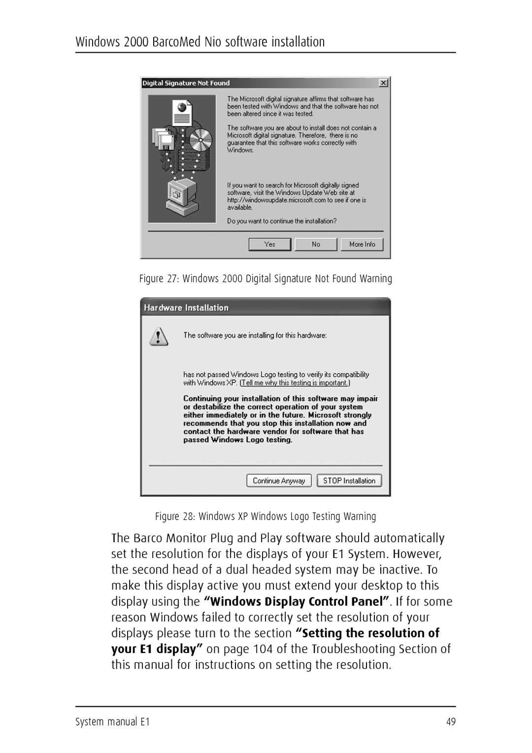 Barco E1 manual Windows 2000 Digital Signature Not Found Warning 