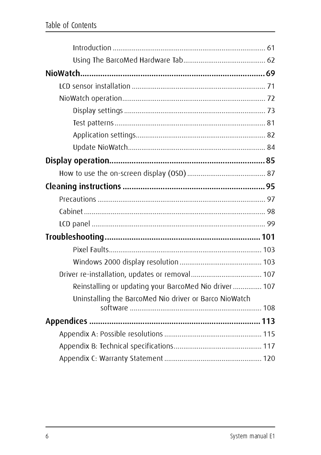 Barco E1 manual 101, 113 