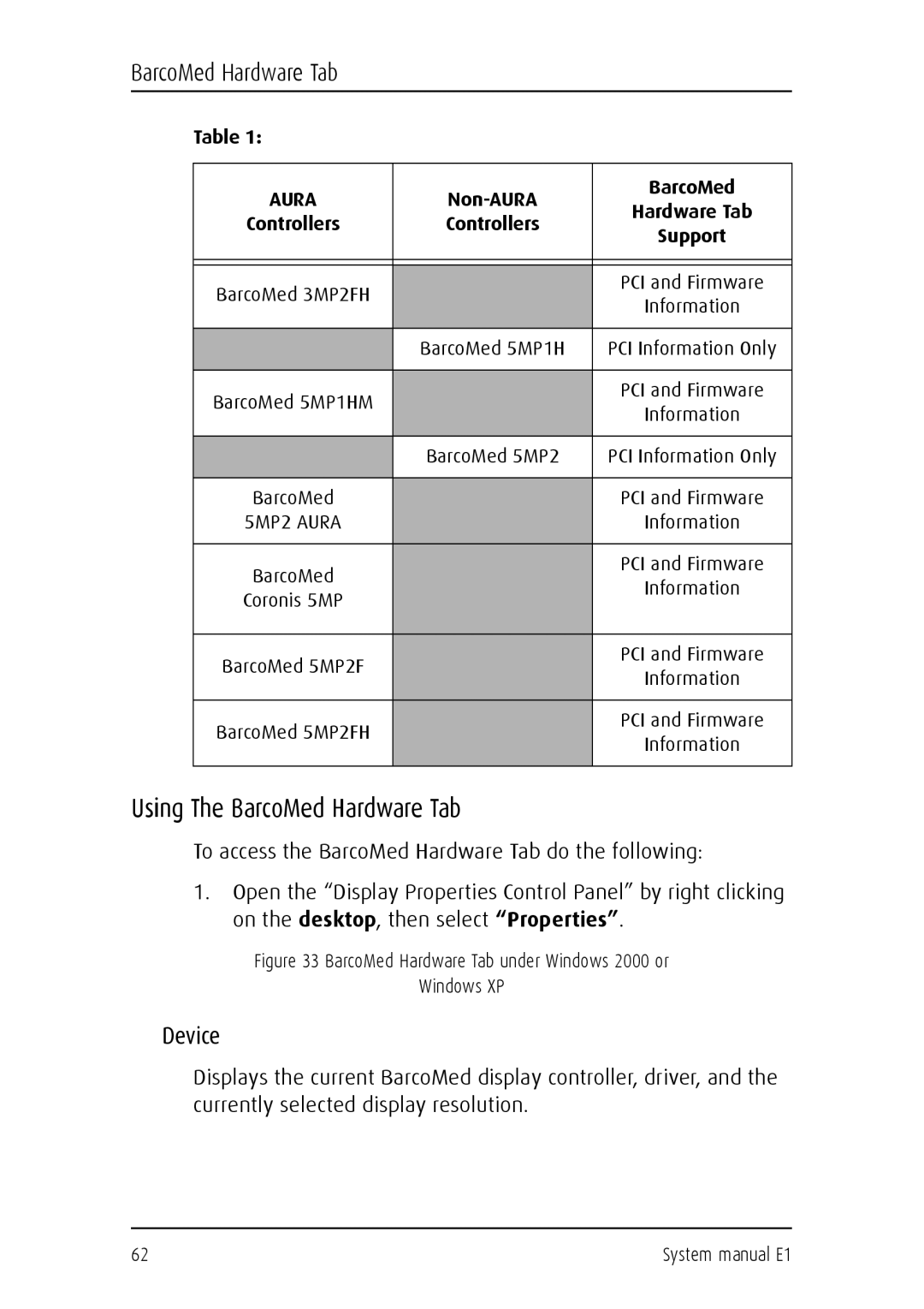 Barco E1 manual Using The BarcoMed Hardware Tab, Device 