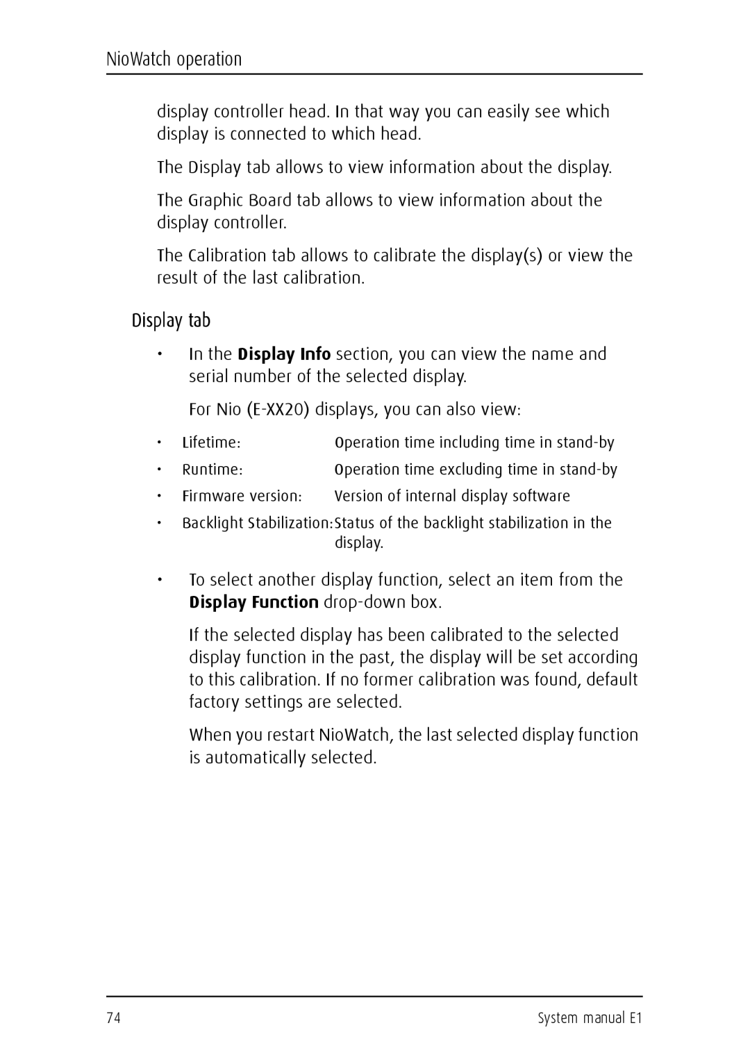 Barco E1 manual Display tab 